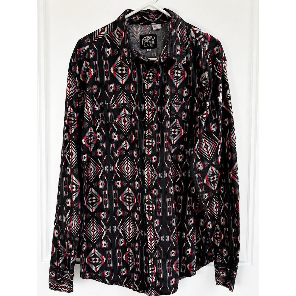 Roper Vintage Western Shirt XL Black Red Aztec Geometric Snap Front Cowboy